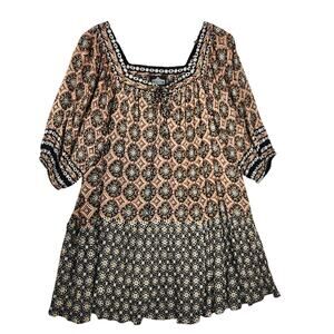 Angie Relaxed Fit Boho Dress Women’s SZ S Black/Yellow Geometric Medallion EUC